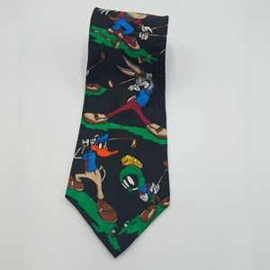 Looney Toons Cartoon Character Golf Print Silk Tie - Black